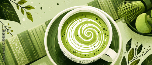 Matcha tea in a cup with swirling foam vector illustration in shades of green bowl swirl whisked ceremonial grade japanese powdered ceremony beverage