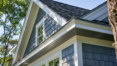 A close-up view of a blue house exterior with shingle siding and white trim. Ideal for residential construction.