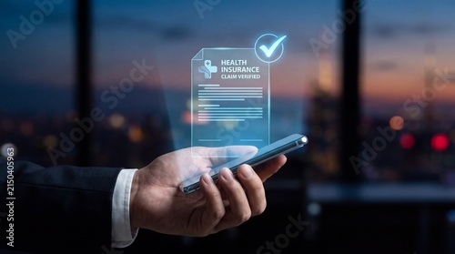 Digital Health Insurance Policy displayed on a smartphone screen with a checkmark, showcasing modern insurance management
