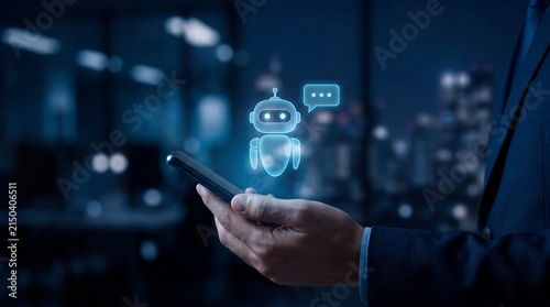 Business professional holding smartphone with glowing AI chatbot icon for artificial intelligence digital communication and automated customer support