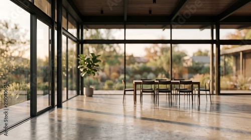 Modern dining room with large windows overlooking a lush garden and warm sunset light