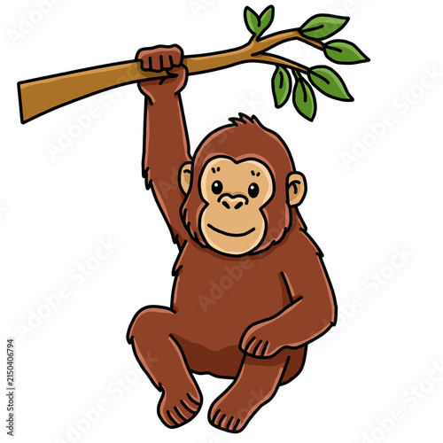 Photography Cute orangutan hanging on tree branch with one hand vector