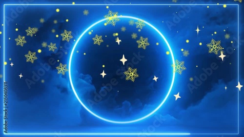 Snowflakes decorate a glowing blue neon circle frame that provides a vibrant backdrop for festive winter holiday designs.