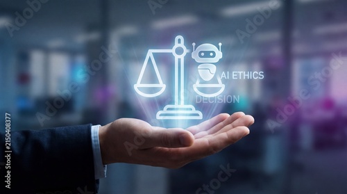 Businessman hand holding holographic digital scale of justice symbol representing artificial intelligence ethics and automated decision making