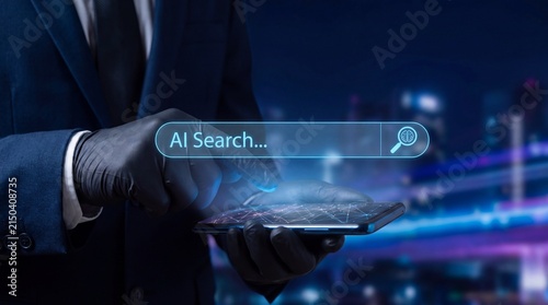 Innovative AI search functionality projected onto a businessman's hand holding a tablet in a modern cityscape