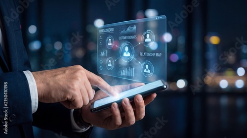 Businessman interacting with a futuristic digital interface showing organizational team structures and analytical data visualization on a glowing smartphone screen at night