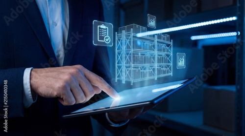 Businessman using a digital tablet for warehouse management and inventory control with holographic data visualization in a modern distribution center