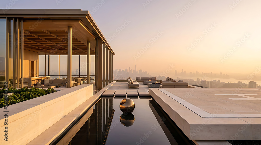 Obraz premium Luxury rooftop lounge with helipad and city skyline view at sunset