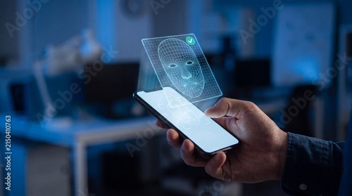 Close-up of a businessman's hand holding a smartphone with biometric facial recognition scanning technology in a modern office