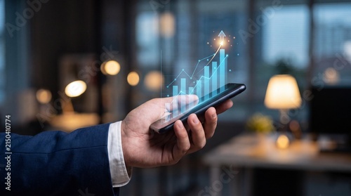 Close up of a businessman holding a smartphone with a glowing financial chart and growth graph