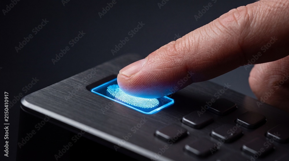 Fototapeta premium A human finger pressing a biometric fingerprint scanner on a dark metallic surface with a ad social media download thambnail poster web template event festival 2026 2027 2028