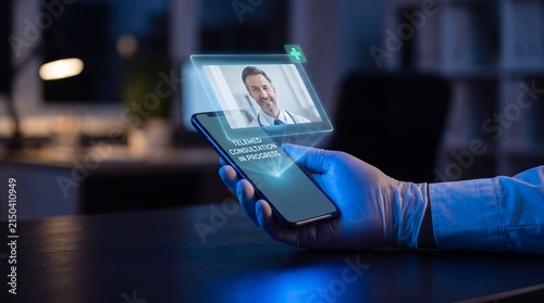 Close up of a hand holding a phone for online medical consultation with a digital holographic doctor screen