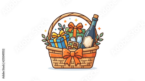 Gift basket filled with wrapped presents and a bottle of wine sits as a festive holiday offering.