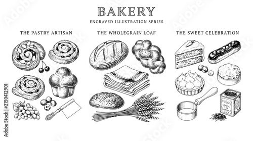 Engraved illustration of bakery items showcasing pastry, wholegrain loaf, and sweet treats in black and white design
