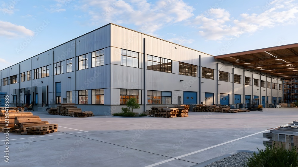 Naklejka premium Modern industrial warehouse building with large and loading bays under a partly cloudy sky