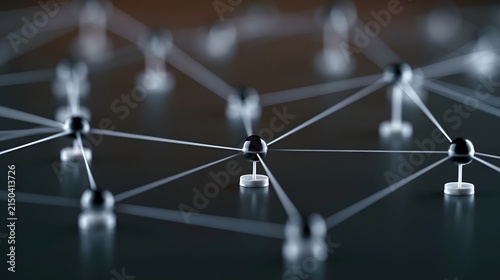 Abstract network of interconnected nodes and lines forming a technological grid on dark reflective surface