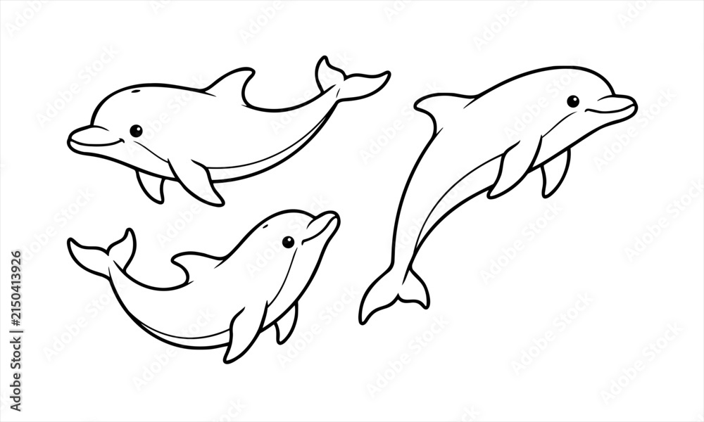 Obraz premium Cute Baby Dolphin Jumping Cartoon Line Art Illustration