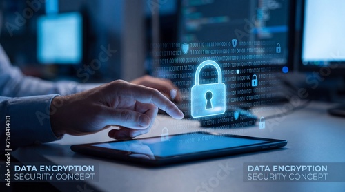 Close up of hand interacting with tablet computer featuring glowing padlock security icon and data encryption protection