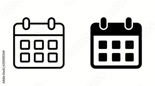 Calendar icon set in outline and solid styles for business scheduling and event planning.