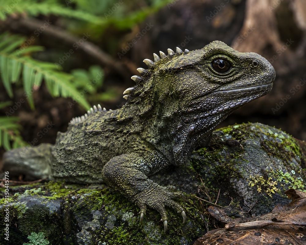 Fototapeta premium A wild tuatara (Sphenodon punctatus) basking naturally on a weathered moss-covered rock in its native forest habitat