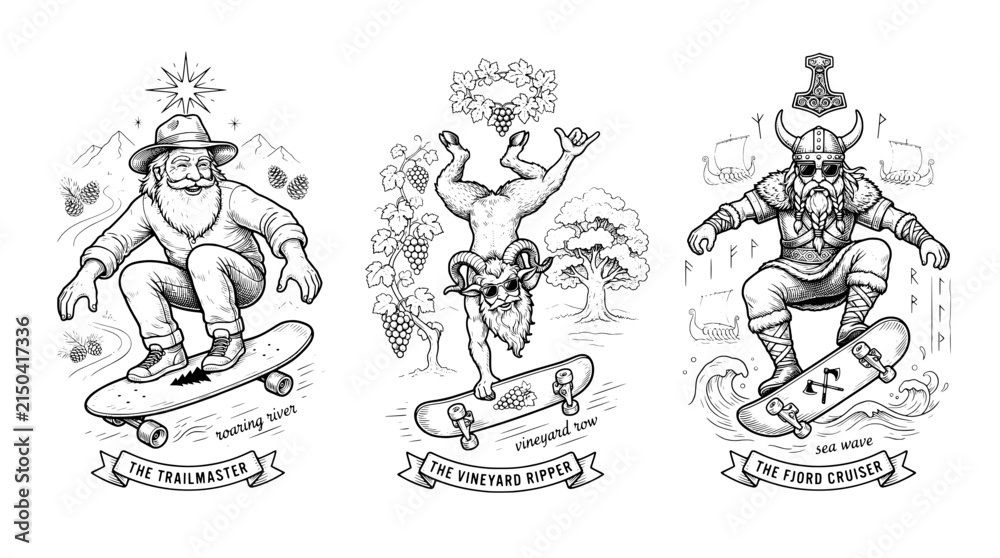 Fototapeta premium Engraved illustration showing three characters skateboarding in different locations showcasing their unique styles and backgrounds