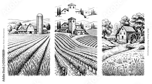 Engraved illustration of rural landscape with farms, vineyards, and a watermill