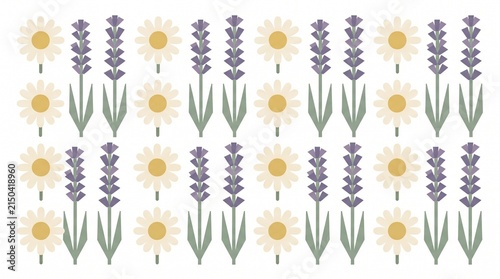 Pressed daisy and lavender flower pattern on white background for floral design projects.