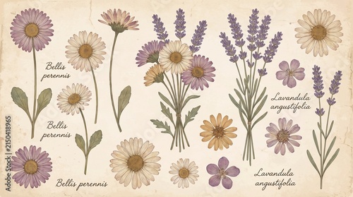 Vintage botanical illustration set of pressed daisies and lavender flowers on paper