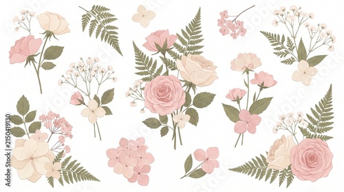 Pressed dried flowers and pink rose bouquets set for wedding invitation design elements
