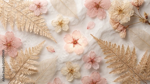 Pressed flowers and golden fern leaves flat lay composition on white textured background