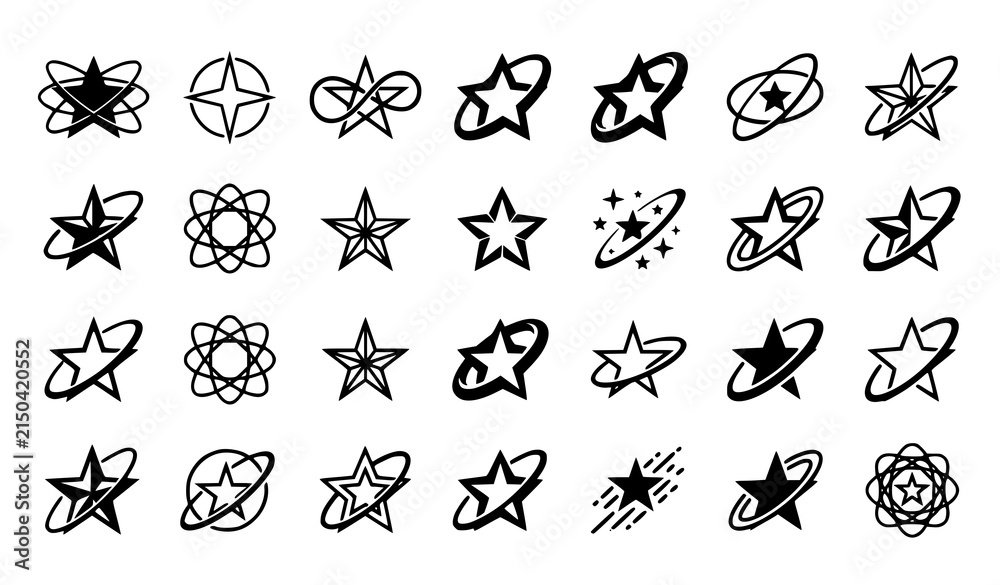Obraz premium Set of black and white star icons with orbital rings and celestial design elements for graphic design projects