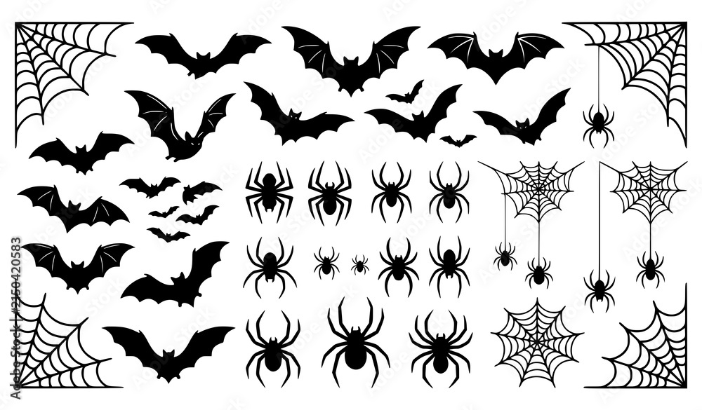 Fototapeta premium Set of black silhouettes featuring bats spiders and spider webs isolated on a white background for halloween