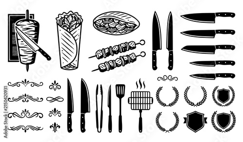 фотографія Set of black and white illustrations featuring doner kebab shawarma food items a