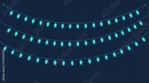 Festive teal string lights hanging in multiple strands against a dark navy blue background for holiday celebrations and seasonal decor