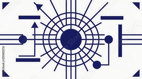 Abstract geometric design featuring a dark blue radial pattern with lines and circles on a white background modern illustration
