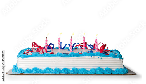 Quadro su tela Rectangular sheet birthday cake with blue frosting and pink candles on a clean w