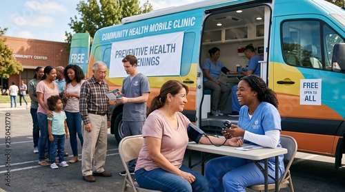 Community health mobile clinic providing preventive health screenings and free care to diverse families outdoors