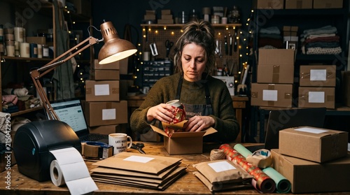 Woman packing handmade orders at worktable in cozy home workshop with warm string lights and shipping supplies
