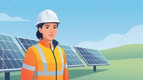 Digital illustration of a female solar energy engineer in a solar farm