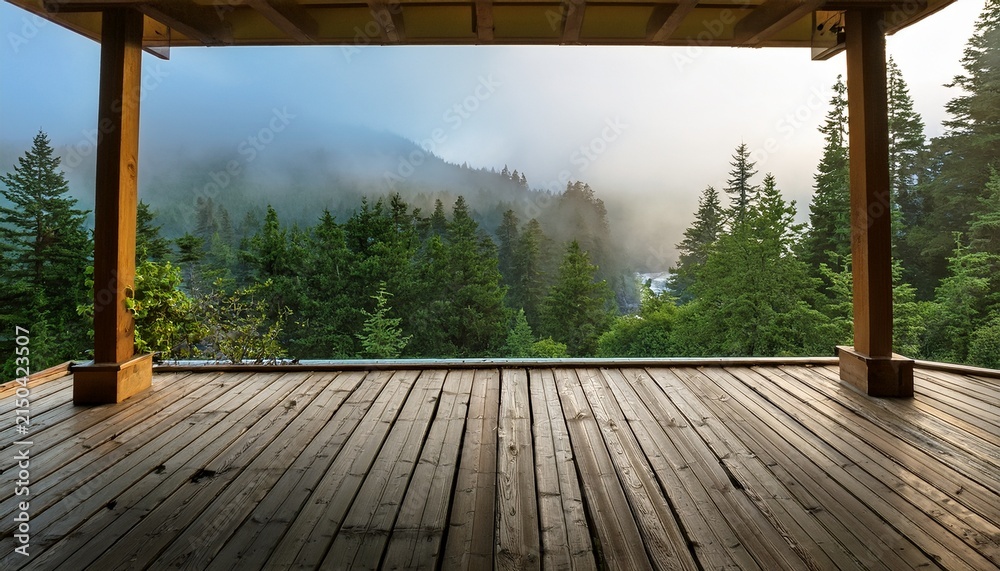 Fototapeta premium Wooden Porch Overlooking A Foggy Mountain Forest In The Pacific Northwest