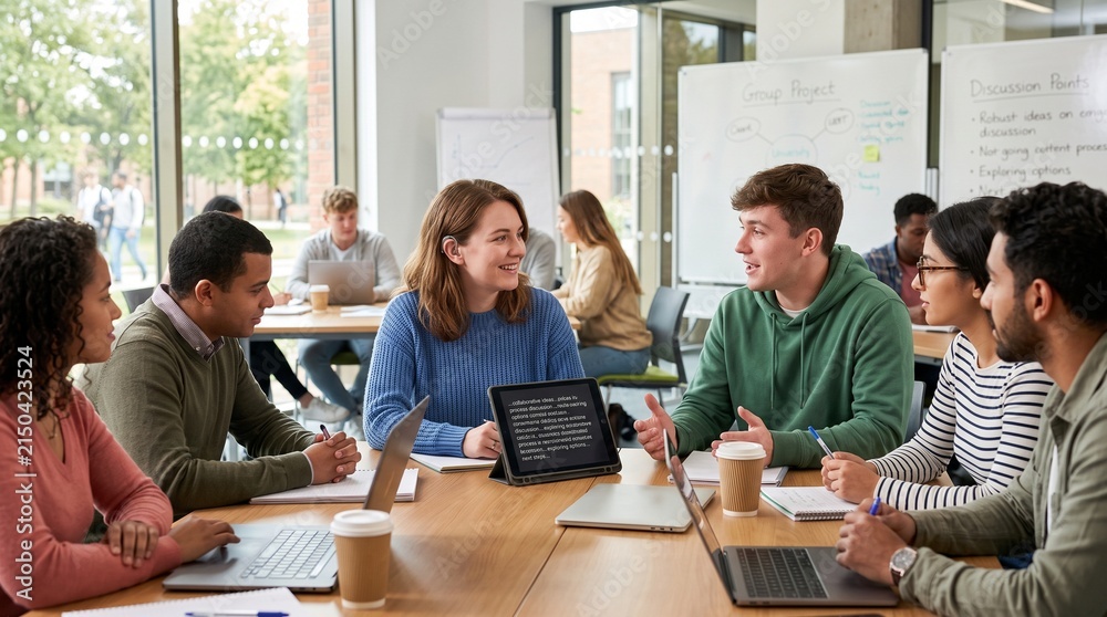 Fototapeta premium Diverse students collaborating around laptops and tablet during group project discussion in bright university classroom