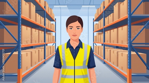 Digital illustration of a female warehouse worker in a distribution center