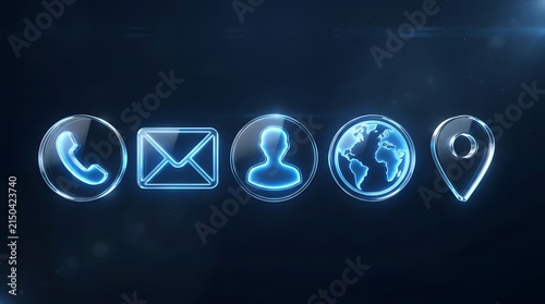 Icons representing contact methods and communication channels glow with a bright blue light against a dark background.