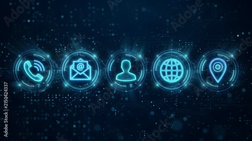 Contact icons representing communication and global connectivity glow against a dark digital data background.