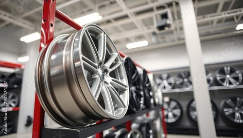 A single high-quality alloy wheel rim on a display rack in an automotive shop. Car accessories, auto parts store interior.