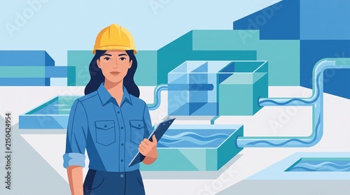 Digital illustration of a female water treatment engineer with a clipboard