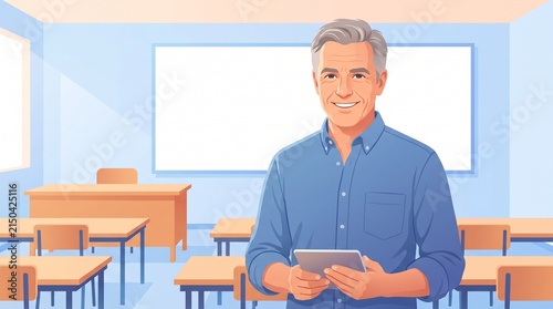 Digital illustration of a mature male teacher holding a tablet in a classroom