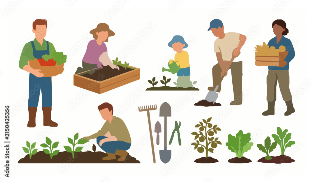 Fototapeta premium Organic Farming and Backyard Garden Workers Flat Vector Illustration Collection with People Growing Plants and Crops