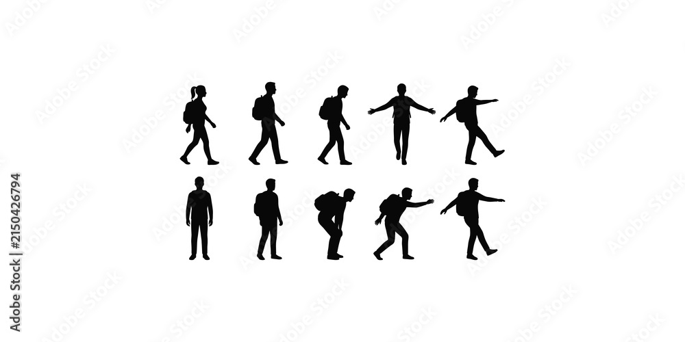Obraz premium Set of black student silhouettes with backpacks in diverse walking and standing poses.