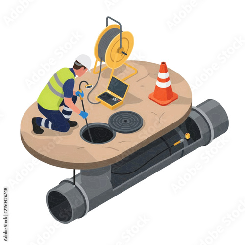 Sewer inspection worker using CCTV camera on pipeline, Vector, illustration